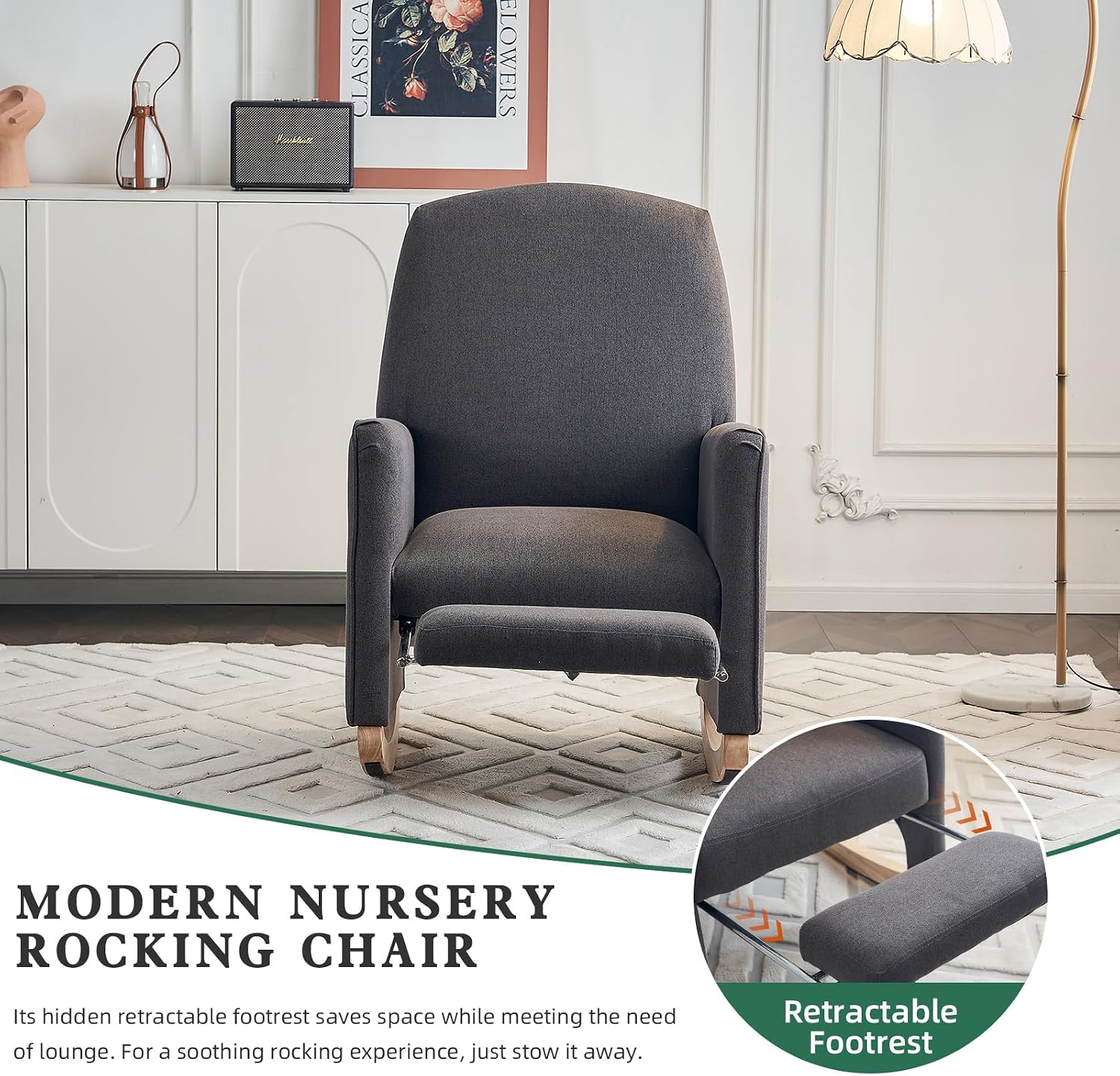 Rocking Chair Nursery with Foot Rest, Nursing Rocking Chair with High Backrest, Glider Rocker Chair for Living Room, Bedroom, Nursery(Cotton Linen Dark Gray)