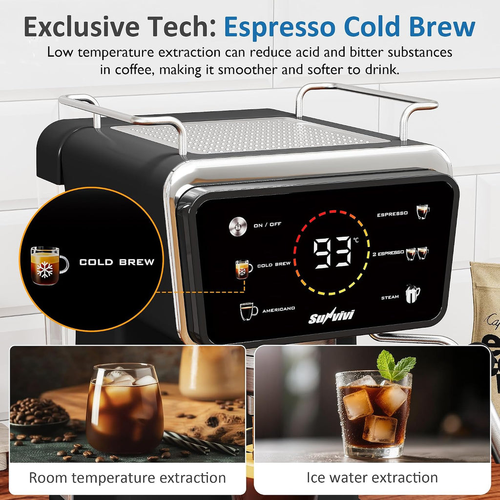 20 Bar Espresso and Americano Machine for Home and Office, Iced Coffee Maker with Touchscreen, Milk Frother, Single/Double Shot & Cold Brew, 52OZ Removable Water Tank, Quick Heating System
