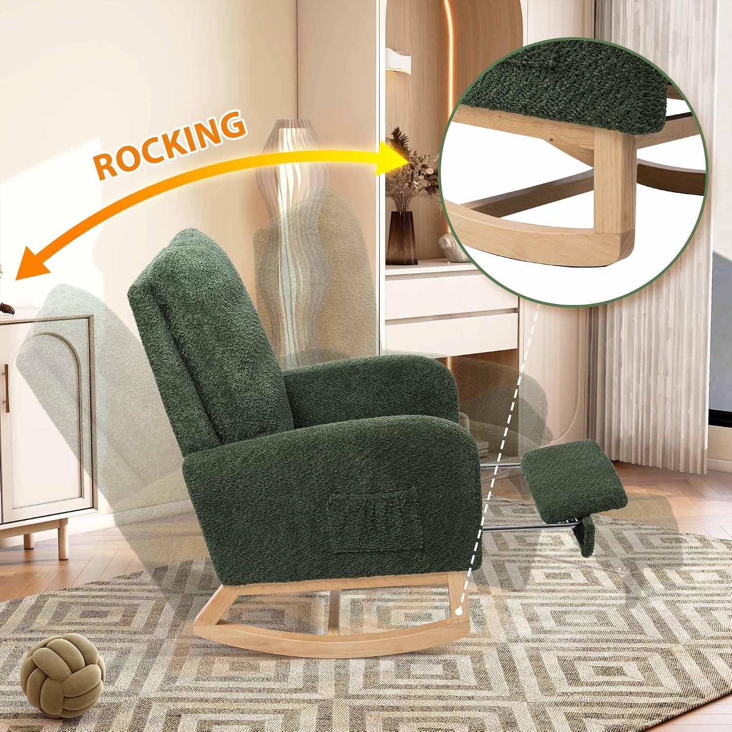 Aoiy & Wifon Rocking Chair Nursery, Modern Nursery Rocking Chairs with Side Pocket & Footrest, Upholstered Rocking Chair Nursery Glider, Boucle, Green