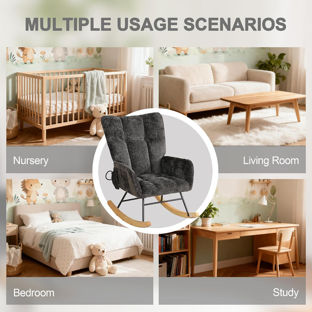 Rocking Chair Nursery with Airbag, Nursery Rocking Reading Chair Indoor, Cozy Upholstered Glider Rocker Chairs with High Backrest for Living Room Bedroom Offices(Chenille, Black)