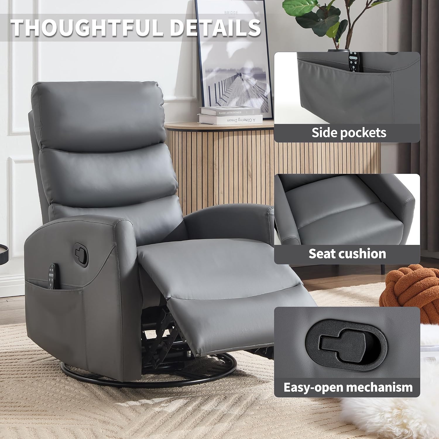 Manual Swivel Rocker Recliner Chair for Adults, Overstuffed Reclining Glider Chair for Nursing with Vibration Massage & Heat, Living Room Rocking Recliner 3-Stage backrest, Faux Leather Gray