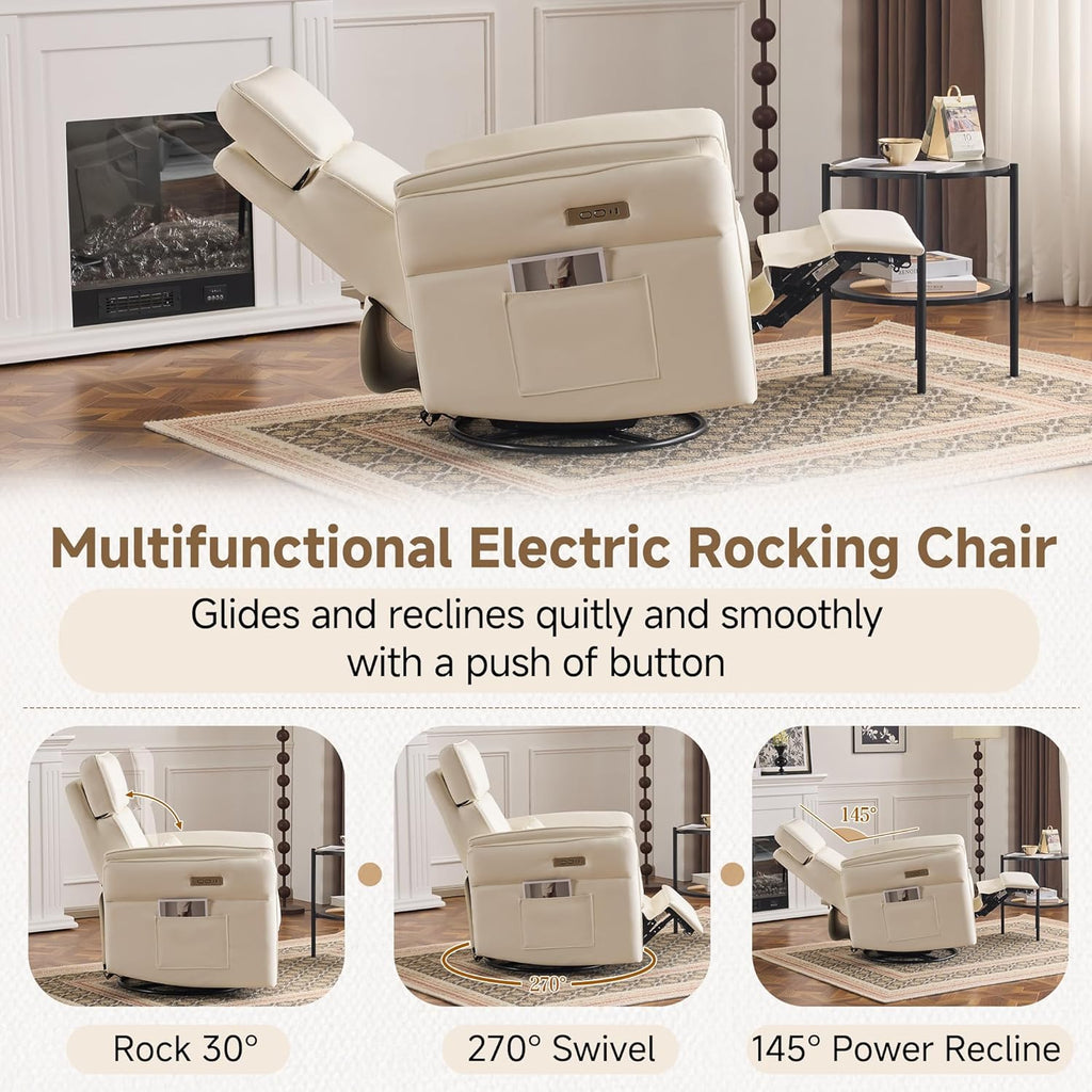 MELLCOM Power Recliner Rocking Chair Nursery Gliders with Adjustable Armrests and Headrest, Swivel Electric Glider Reclining Nursing Chair with Storage Bags and USB Port, FSC Certified(Beige Leather)