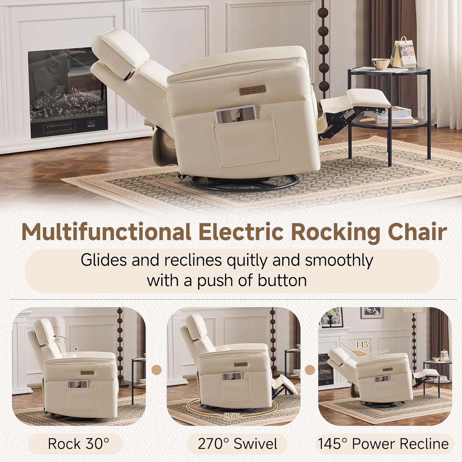MELLCOM Power Recliner Rocking Chair Nursery Gliders with Adjustable Armrests and Headrest, Swivel Electric Glider Reclining Nursing Chair with Storage Bags and USB Port, FSC Certified(Beige Leather)