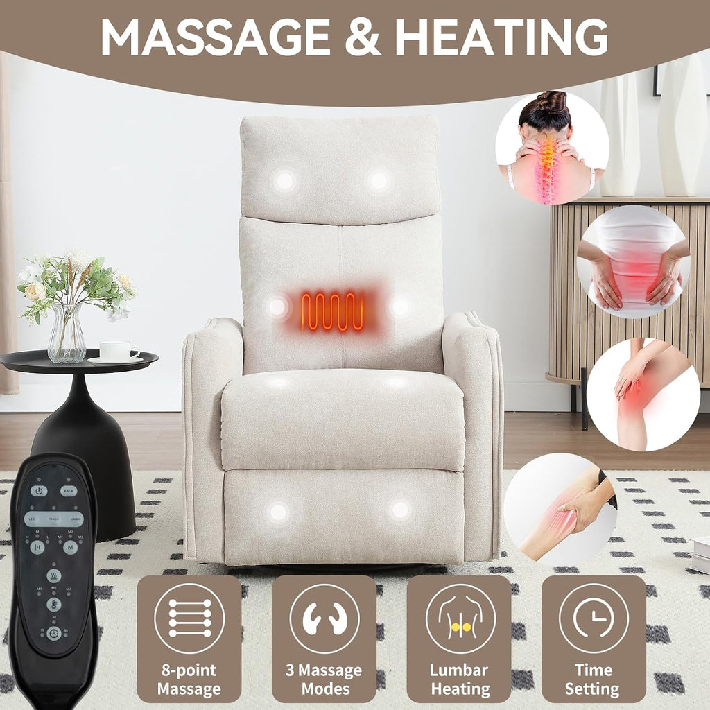 PELUMY 360 Swivel Rocking Recliner Chair for Adults, Nursery Rocking Chair with Heat and Massage, Glider Reclining Chair for Small Space, Living Room, Bedroom (Beige)