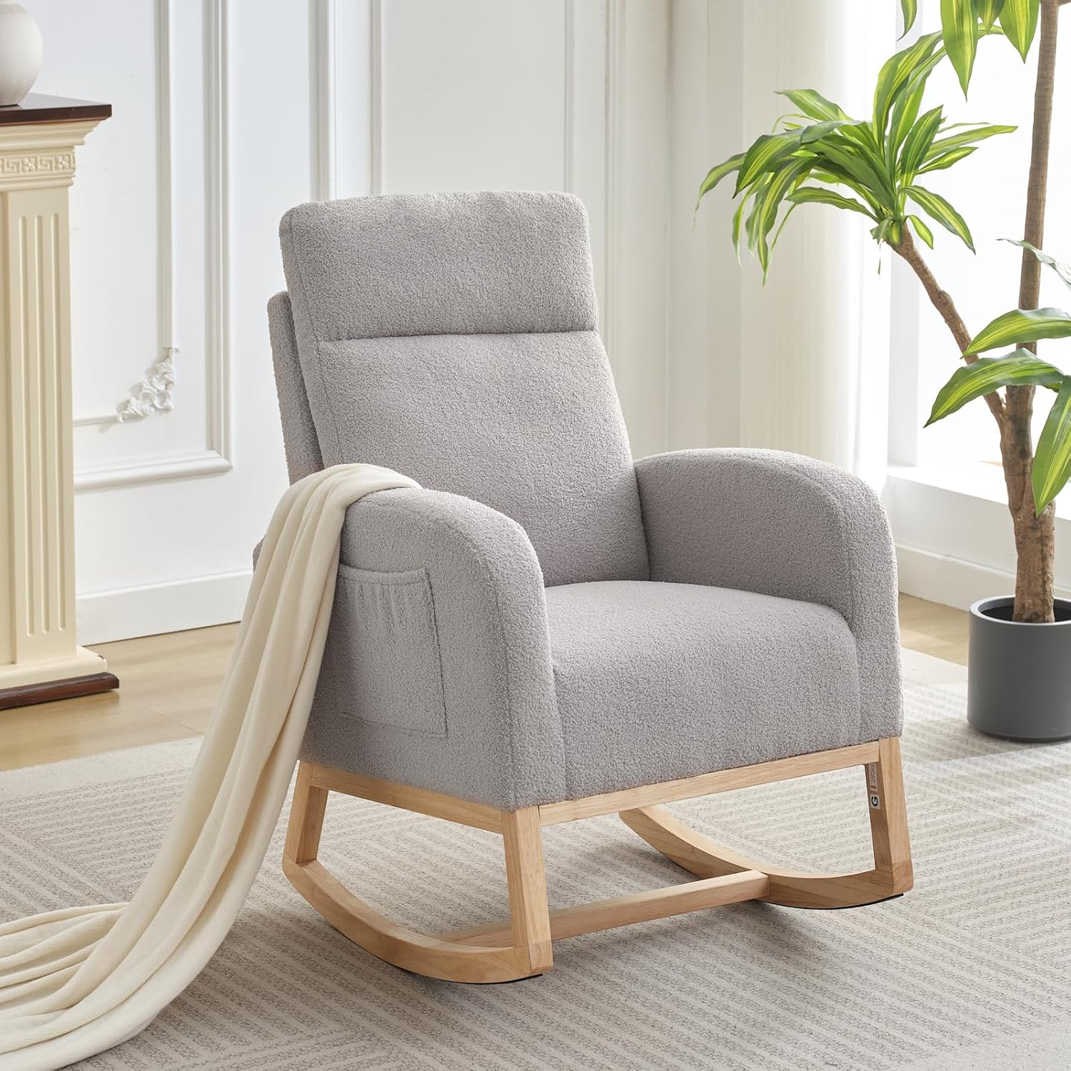 Modern Nursery Rocking Chair,Teddy Upholstered Glider with 26' High Backrest, Padded Seat for Living Room, Bedroom, Reading
