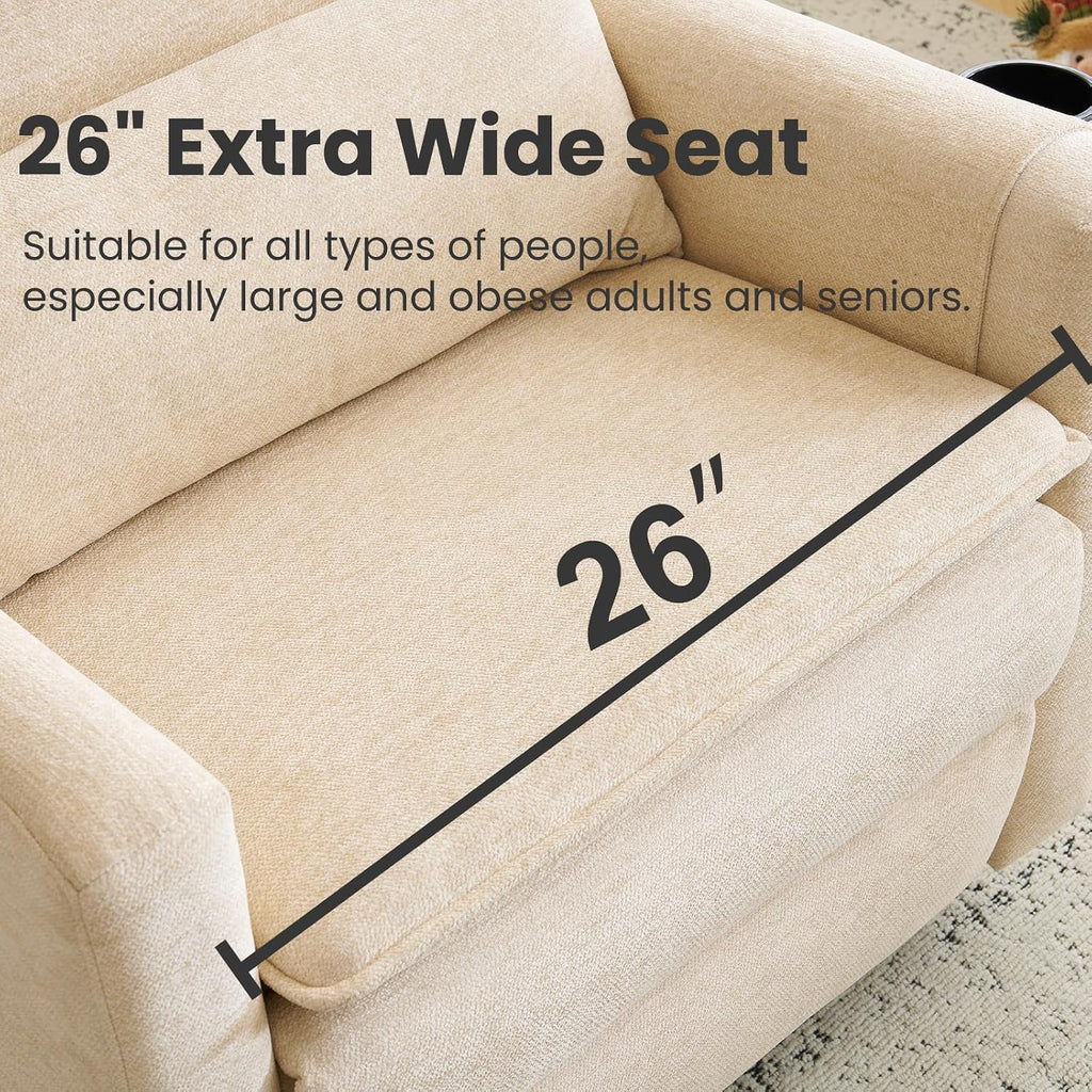 Oversized Swivel Rocker Recliner with Adjustable Headrest, 26' Extra Wide Glider Recliner Nursery Chair with Double Cushion, Chenille Glider Rocking Chair for Living Room,Cup Holder,Beige