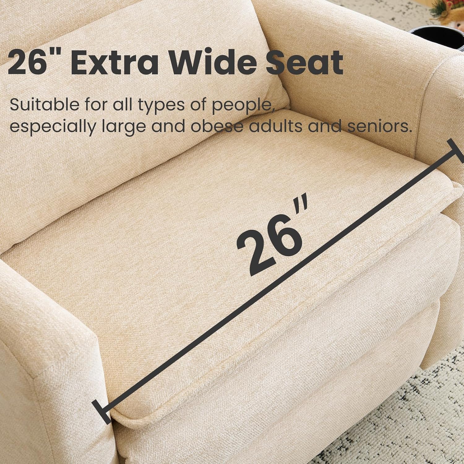 Oversized Swivel Rocker Recliner with Adjustable Headrest, 26' Extra Wide Glider Recliner Nursery Chair with Double Cushion, Chenille Glider Rocking Chair for Living Room,Cup Holder,Beige