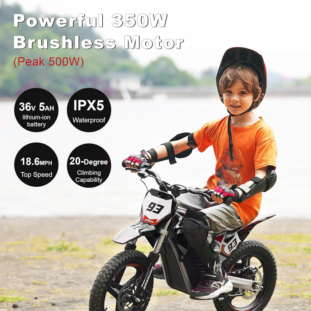 Electric Dirt Bike for Boys Girls Ages 5-10, 350W High Racing Competition Grade Motorcycle, Up to 18MPH 3 Speed Settings Balance Bike, 14IN Off-Road Tires Advanced Shock Absorption, Black