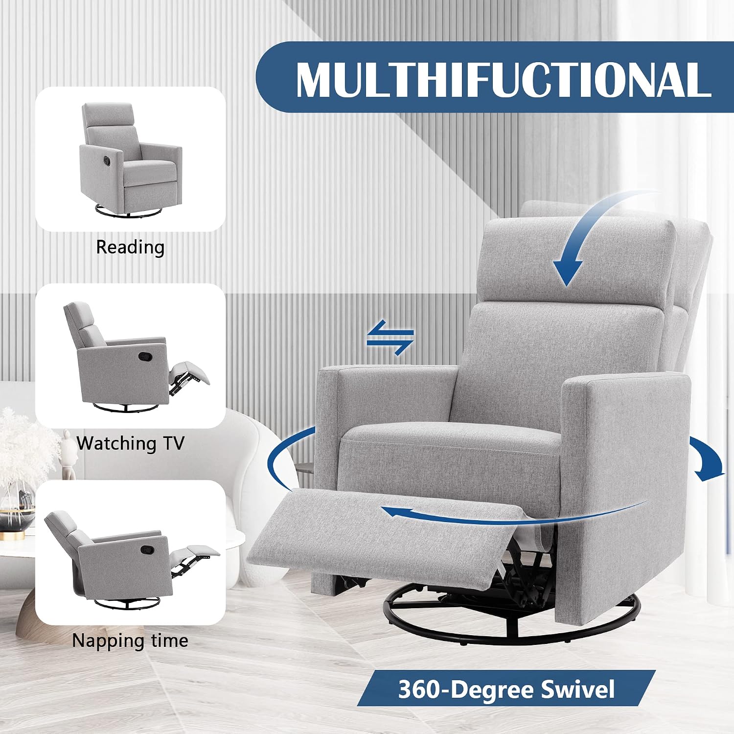 LUMISOL Swivel Rocking Recliner Chair for Adults, Nursery Swivel Glider Chair Manual Reclining Single Sofa Chair, Linen Upholstered Glider Rocker Recliner with High Back, Gray
