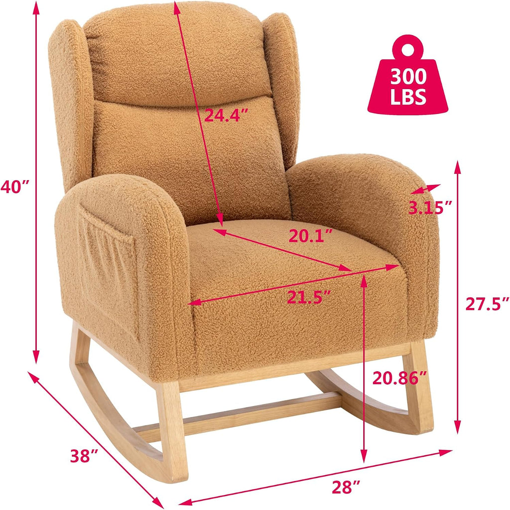 Setawix Teddy Rocking Glider Chair for Nursery,Upholstered Living Room Rocker Arm Chair,Leisure Sherpa Wingback Armchair,Mid Century Modern Rocking Accent Chair with Side Pockets (Wingback Khaki)