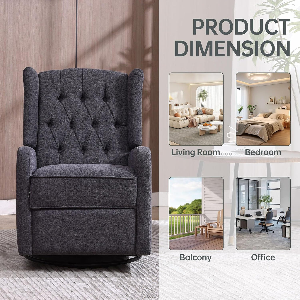 HRVEOCEI Glider Recliner Nursery Chair, Cozy Linen Rocking Chair Nursery Recliner with Adjustable Button Backrest and Footrest, Swivel Recliner Chair for Living Room, Bedroom, Office (Dark Gray)