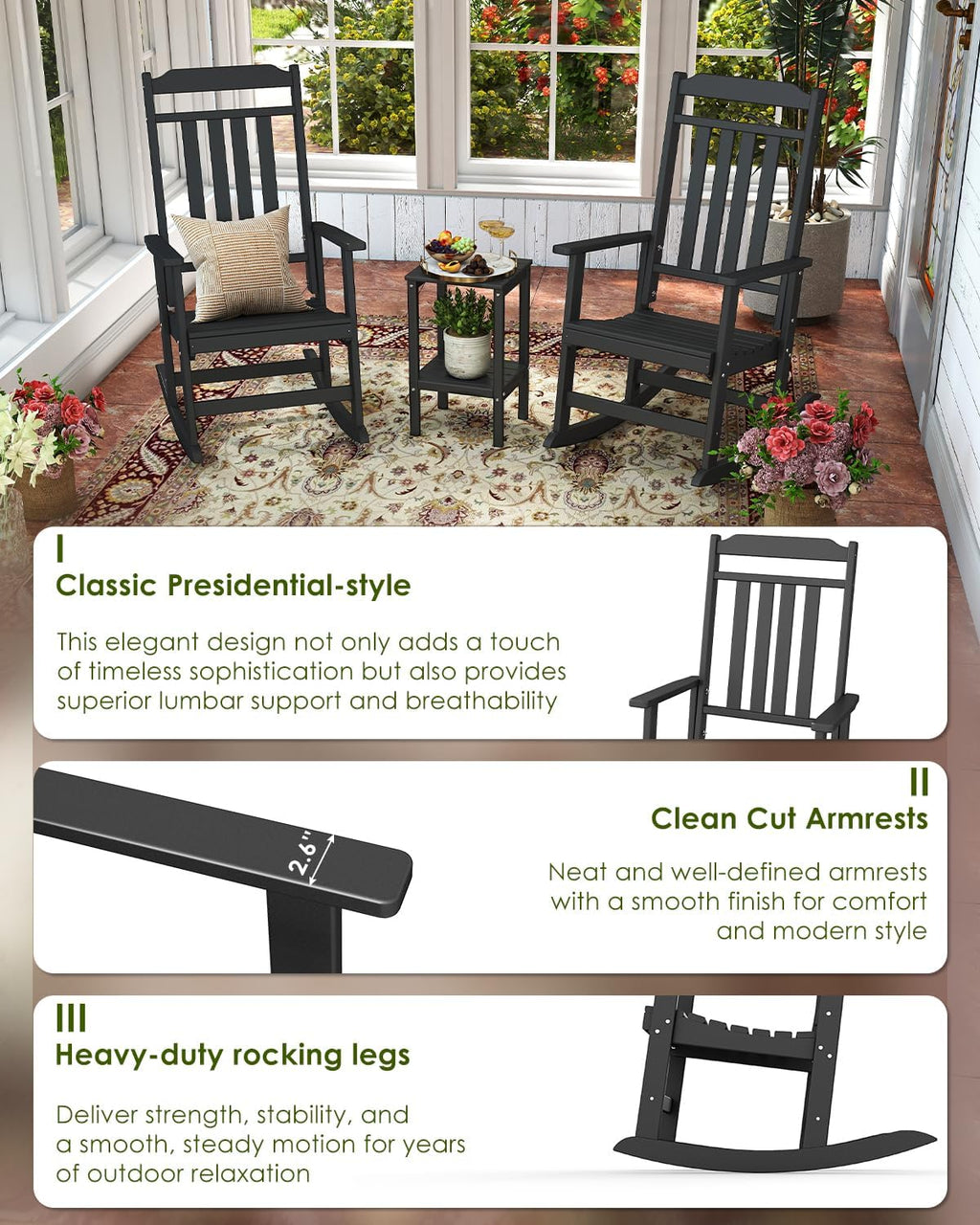GREENVINES Outdoor-Rocking-Chairs-Set-of-2 | HDPE Plastic | Patio Rockers | Porch Rocker Chair | Oversized | High Back | Big & Tall | Black