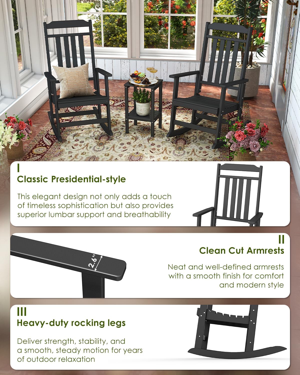 GREENVINES Outdoor-Rocking-Chair | HDPE Plastic | Patio Rockers | Porch Rocker Chairs | Oversized | High Back | Big & Tall | Black