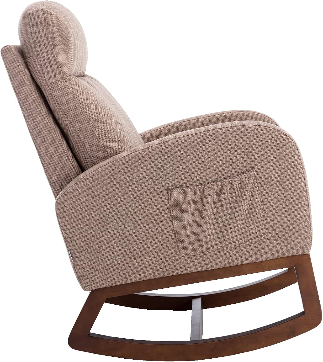 Modern Rocking Chair with Breathable Yellow Linen & Solid Wood Legs - Recliner Glider Armchair Featuring Side Pocket, High Back Support for Nursery, Living Room, Bedroom (Camel)