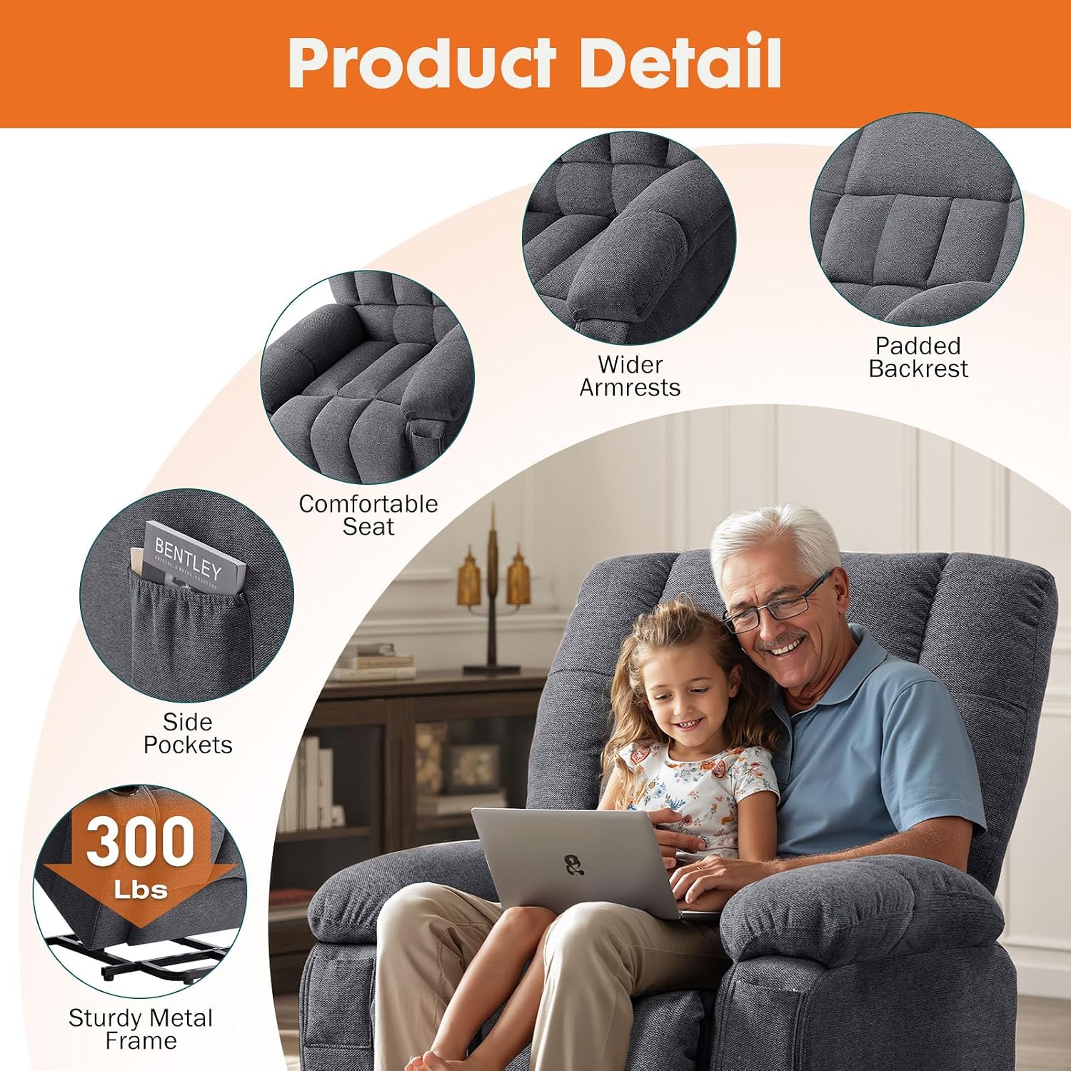 Sweetcrispy Power Lift Recliner Chair with Vibration Massage and Heat for Elderly, Ergonomic Overstuffed Breathable Fabric Reclining Chair with 3 Pockets, Remote Control, Living Room, Light Brown