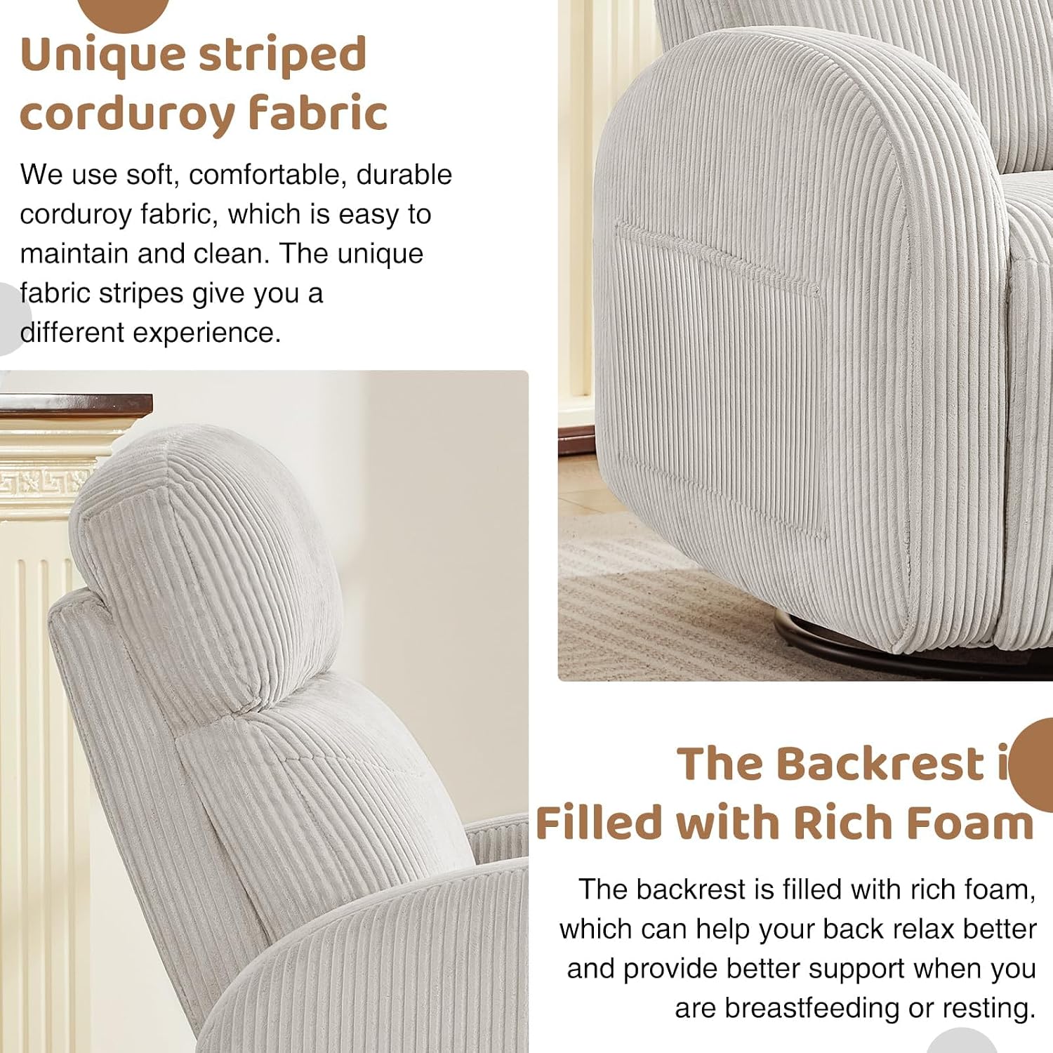 Swivel Rocker Recliner for Nursery, Glider Recliner Nursery Chair, Rocking Recliner Chairs with Double Pockets for Living Room, Camel Corduroy