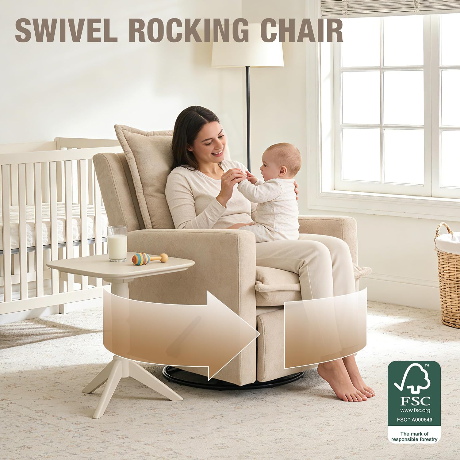 Rocking Chair Nursery Swivel Rocker Recliner Chair, High Back Adult Manual Recliner for Small Spaces, Glider Rocking Reclining Sofa for Living Room Bedroom, Beige