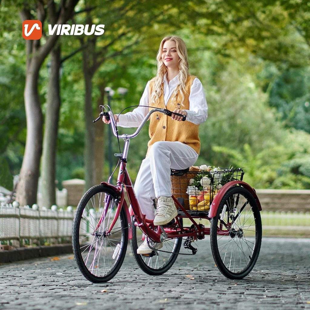 VIRIBUS Folding Tricycle for Adults, 7 Speed Foldable Adult Tricycle with Removable Wheeled Basket, Folding 3 Wheel Bikes for Women Men Seniors 24 26 inch, Collapsible Three Wheeler Trike 330 LB.