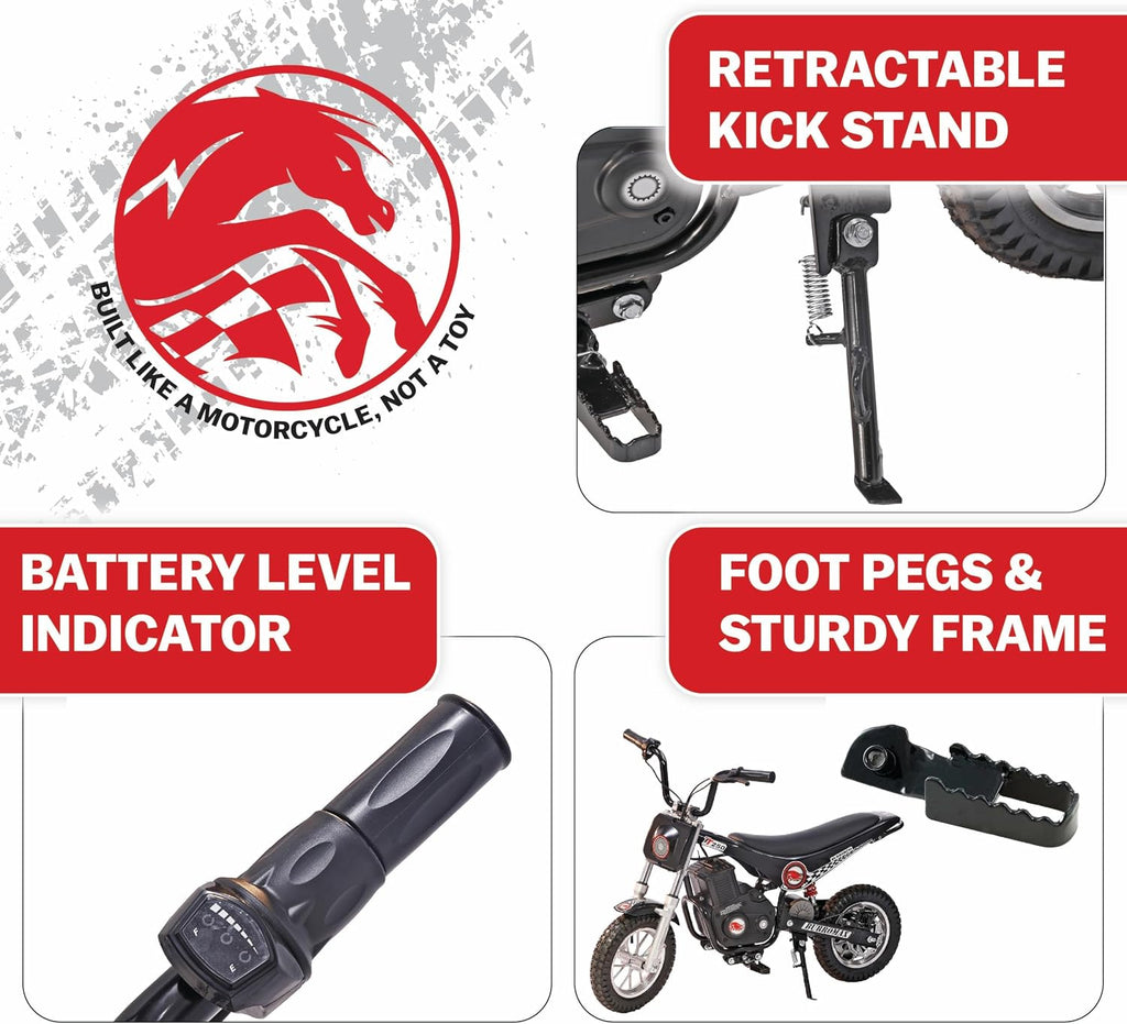 Burromax TT250 Electric Dirt Bike for Kids, 250w 24v 7ah, 2 Speeds, 14 Mph, Up to 150lb Rider, Off-Road Electric Mini Bike