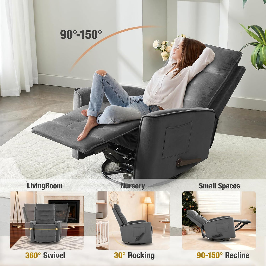 Swivel Rocker Recliner Chair, Rocking Chair, Small Swivel Recliner for Small Spaces, Living Room, RV(Dark Grey)