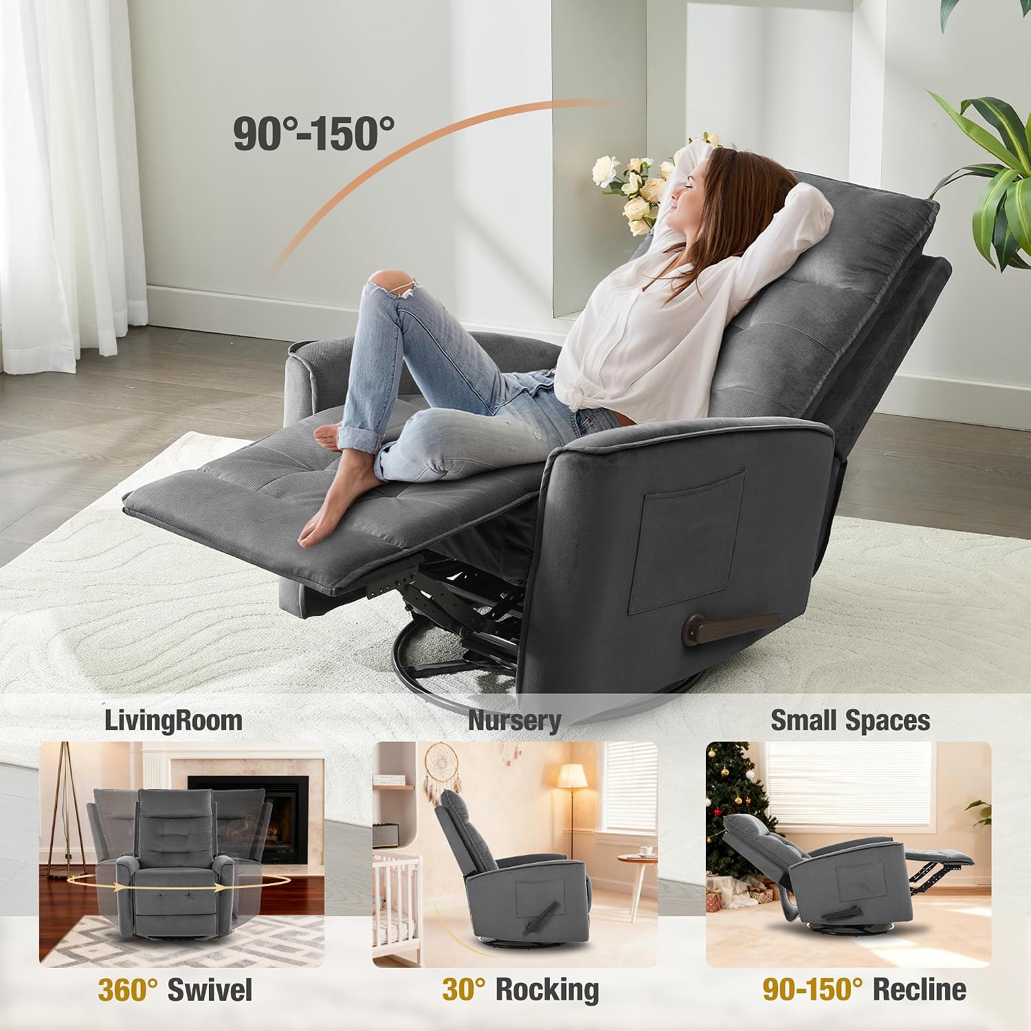Swivel Rocker Recliner Chair, Rocking Chair, Small Swivel Recliner for Small Spaces, Living Room, RV(Dark Grey)