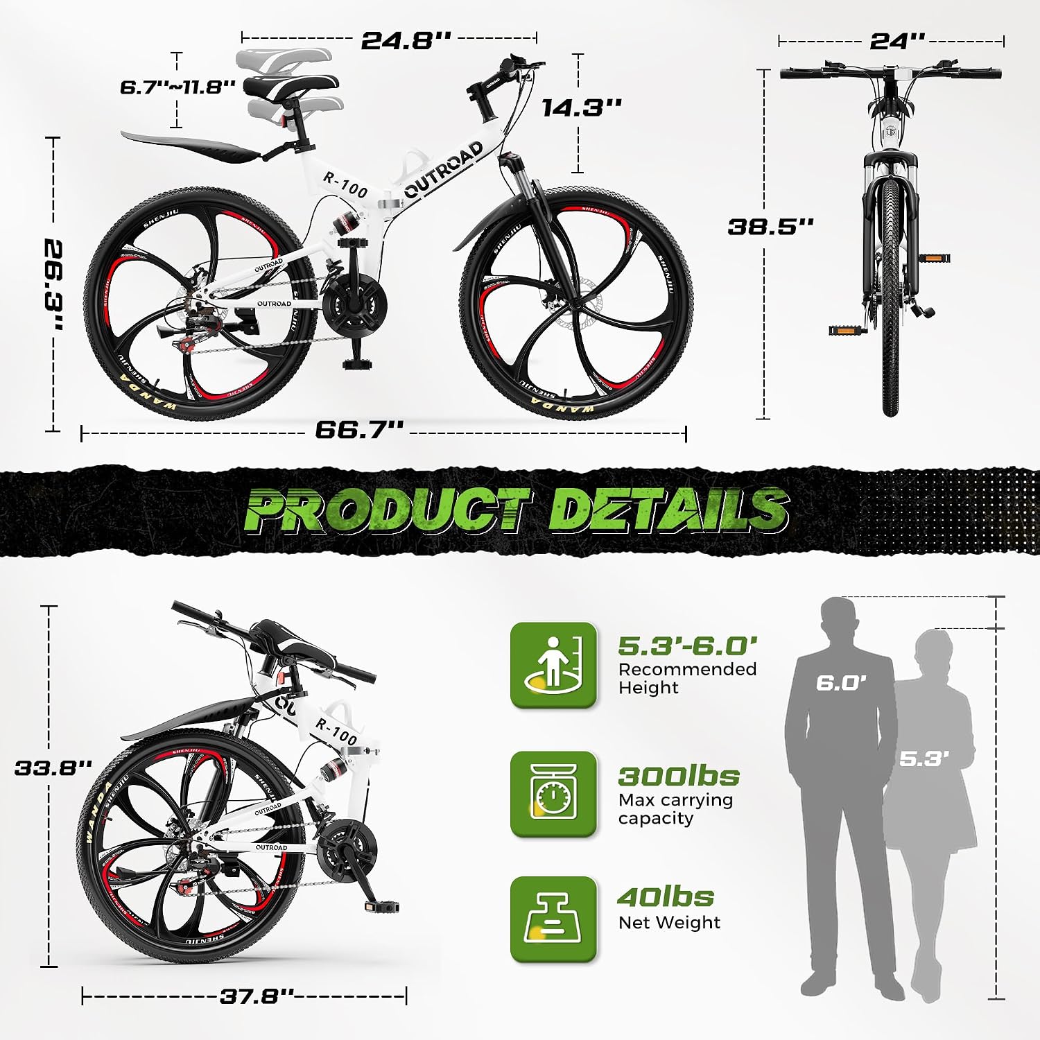 26 Inch Adult Folding Bikes/Mountain Bikes, 21 Speeds Mountain Bicycles with Full Suspension, Dual Disc Brake, High Carbon Steel Frame, Foldable Bike for Men/Women/Teen, Multiple Colors