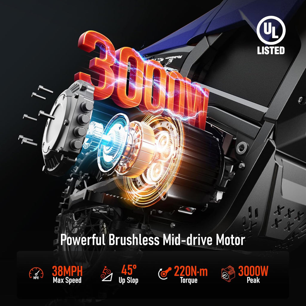 Electric Dirt Bike for Adults Teens, 3000W Brushless 220Nm Motor - 45° Slope, 38 MPH, 48V/23.4Ah Removable Battery, Dual Hydraulic Brakes & Full Suspension Electric Motorcycle for Age 13+