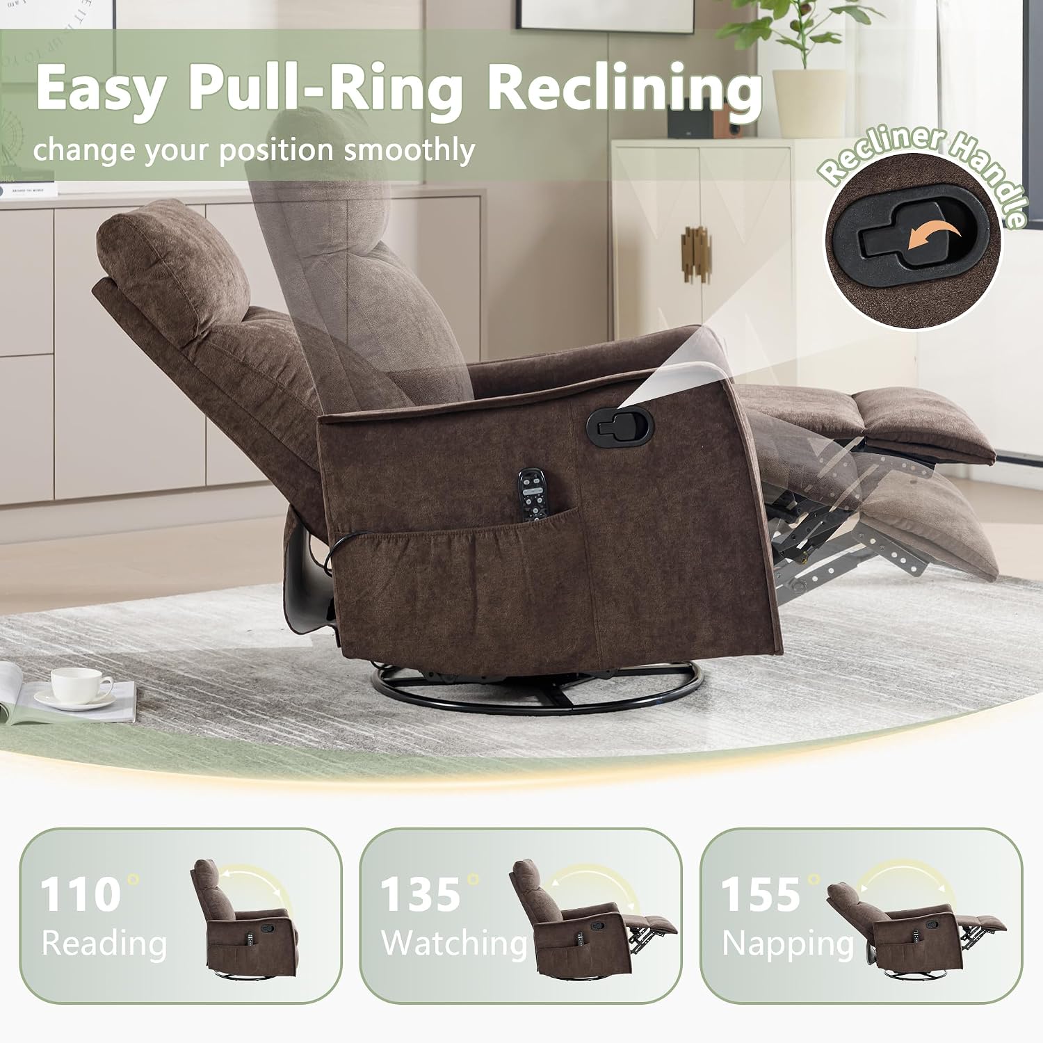 cinkehome Swivel Rocker Recliner, Glider Rocker Recliner Chair for Nursery, Manual Reclining Chair with Heated Massage, Small Spaces, Living Room, Linen Brown
