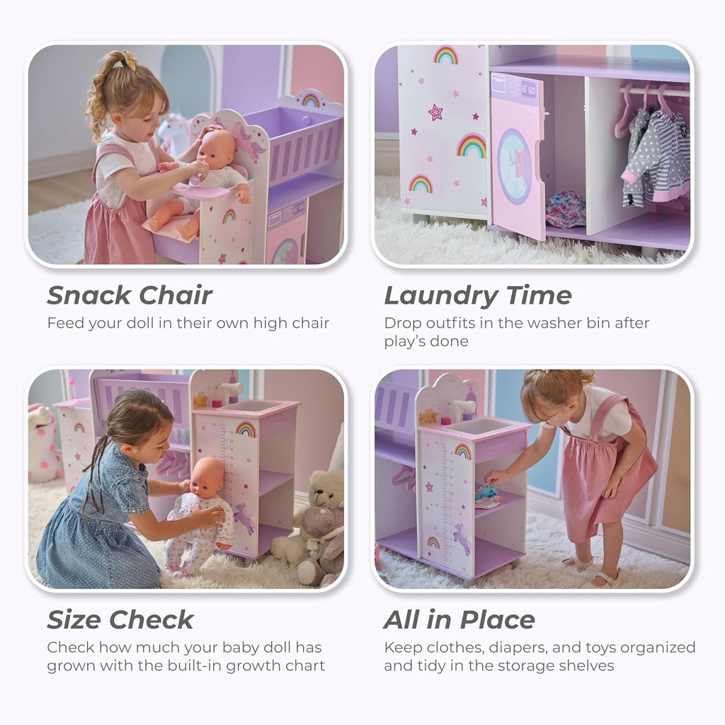Olivia's Little World Fantasy Care Doll Nursery 6-in-1 Unicorn Themed Baby Station with Cradle, Washer, High Chair, Sink & Closet with 3 Wooden Hangers for Pretend Play, for Girls Ages 3 and Up