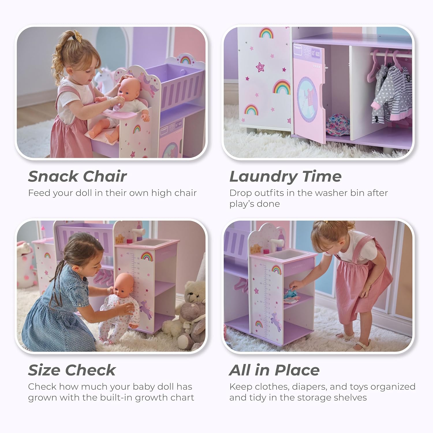 Olivia's Little World Fantasy Care Doll Nursery 6-in-1 Unicorn Themed Baby Station with Cradle, Washer, High Chair, Sink & Closet with 3 Wooden Hangers for Pretend Play, for Girls Ages 3 and Up