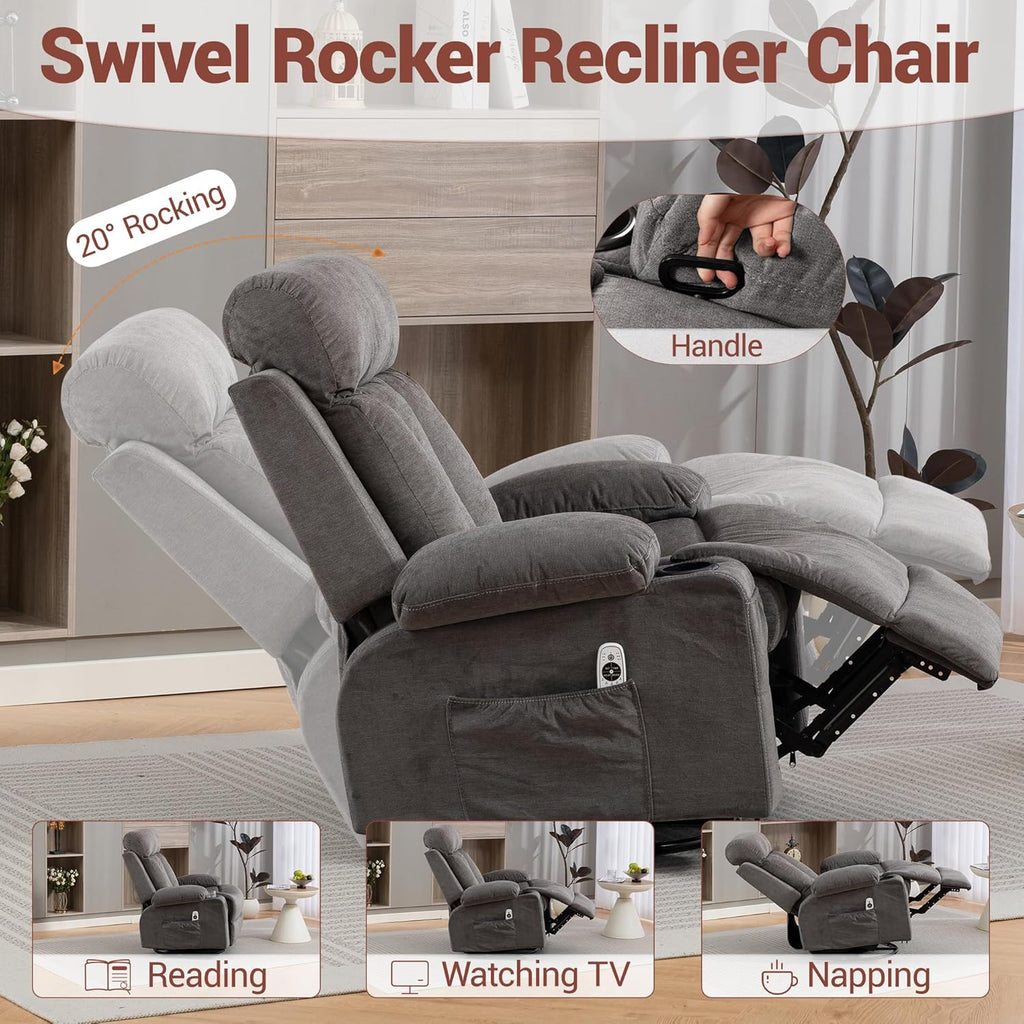 Swivel Recliner Chair for Adults w/Vibration Massage and Heating, 360° Rocker Glider Recliner w/Cup Holder and USB Charge Port for Living Room, Bedroom, Grey