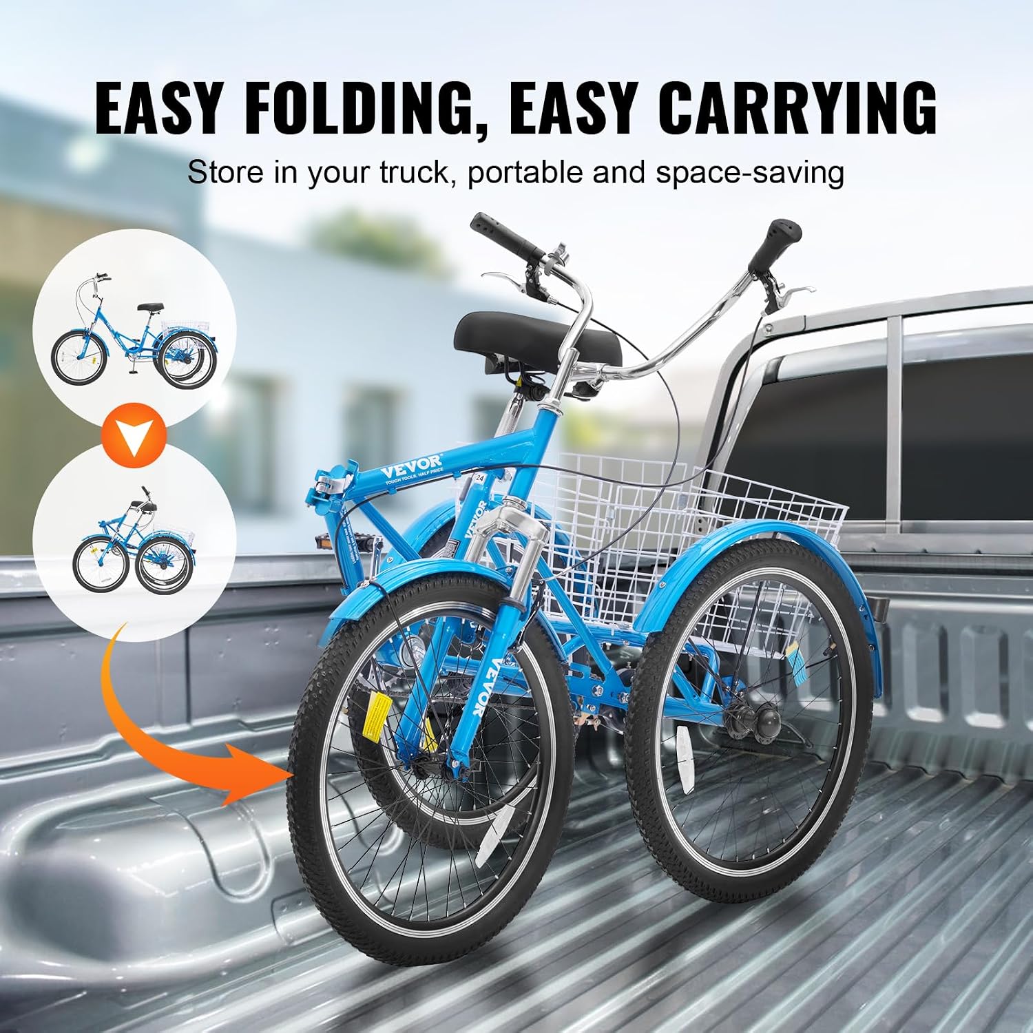VEVOR Folding Adult Tricycle,Adult Folding Trikes, 3 Wheel Cruiser Bike with Large Basket & Adjustable Seat, Shopping Picnic Foldable Tricycles for Women, Men, Seniors