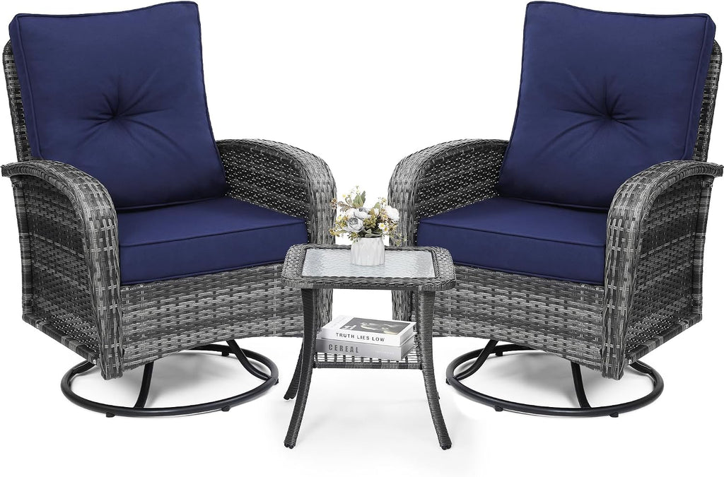 wildformers Luxury Outdoor Swivel Wicker Glider Patio Chairs with Table Set, Overstuffed Washable Cushions, Ideal for Porch, Balcony, Deck, Grey Rattan and Blue Cushion