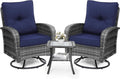 wildformers Luxury Outdoor Swivel Wicker Glider Patio Chairs with Table Set, Overstuffed Washable Cushions, Ideal for Porch, Balcony, Deck, Grey Rattan and Blue Cushion