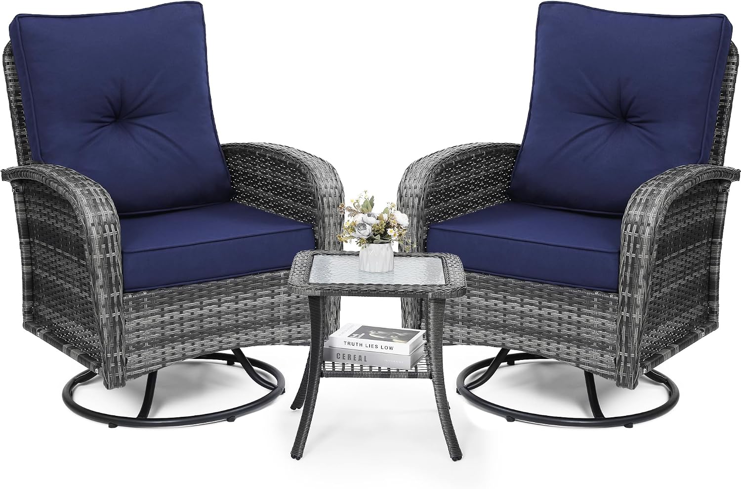 wildformers Luxury Outdoor Swivel Wicker Glider Patio Chairs with Table Set, Overstuffed Washable Cushions, Ideal for Porch, Balcony, Deck, Grey Rattan and Blue Cushion