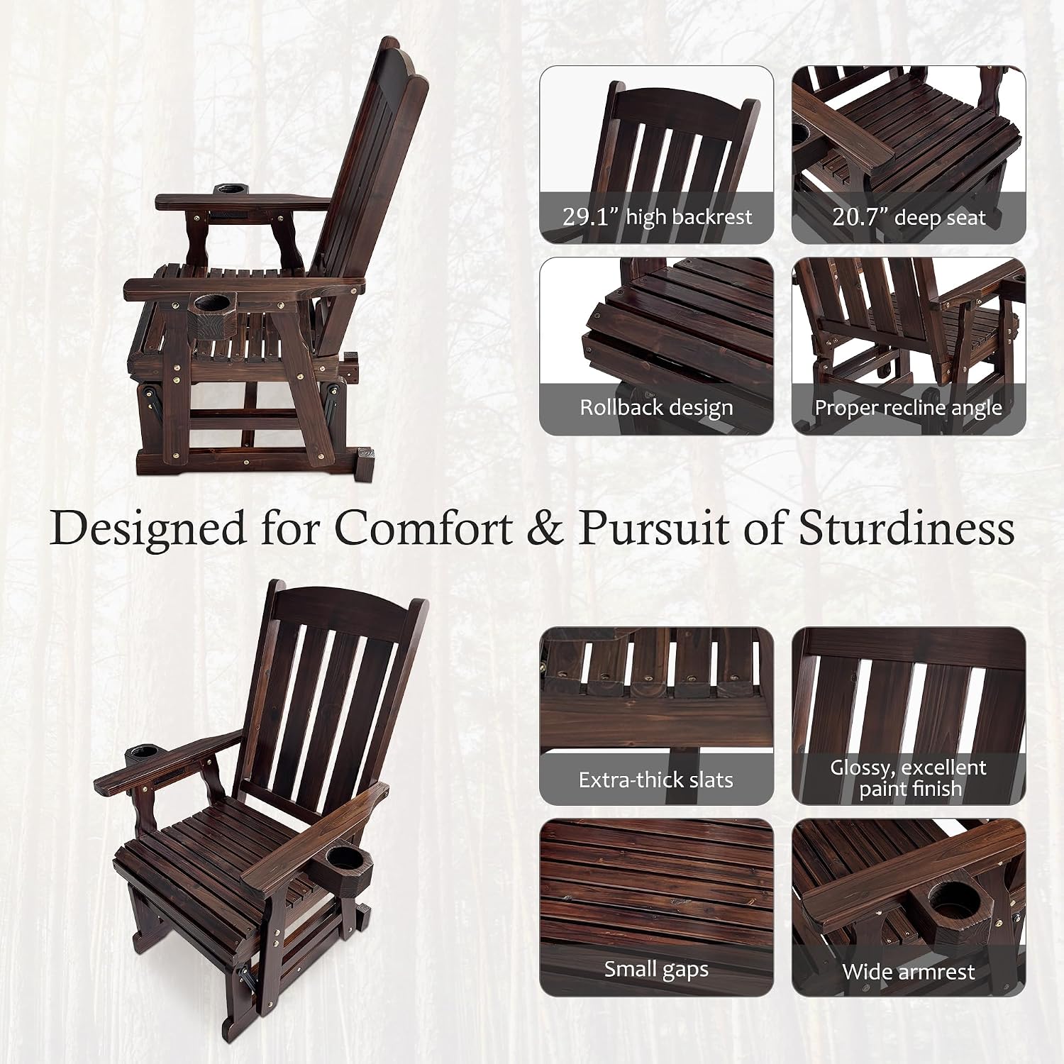 Fortune Candy Wooden Patio Glider for One Person, with High Back and Deep Contoured Seat, Solid Fir Wood, Heavy Duty 600 LBS (Deep Brown, 1-Seater)