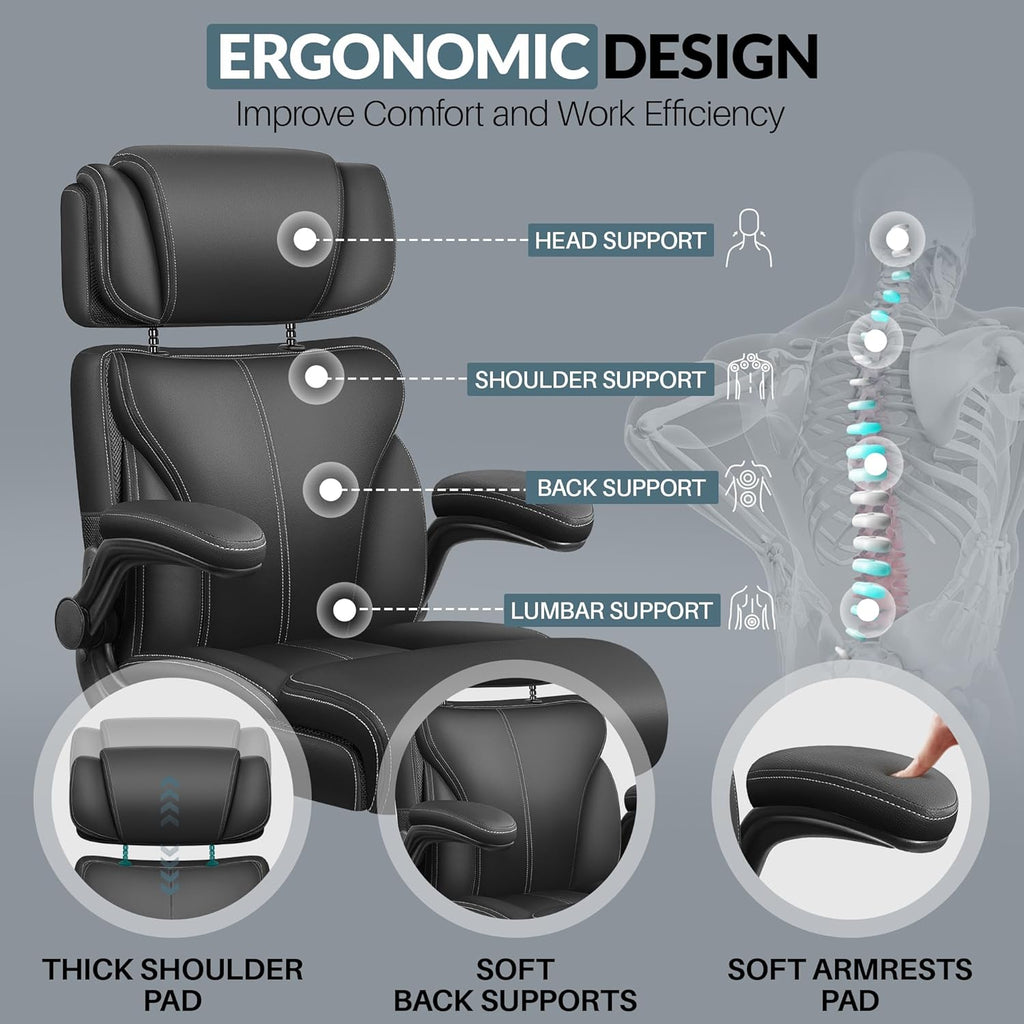 Office Chair, Ergonomic Big and Tall Computer Desk Chair with Retractable Adjustable Headrest, Executive Breathable Leather Chair, Lumbar Support Swivel PC Chair with Flip-up Armrests Rocking Function