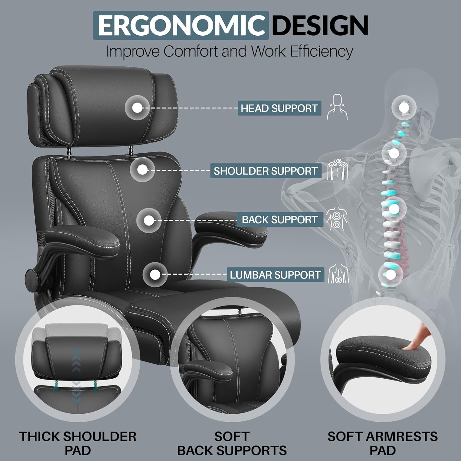 Office Chair, Ergonomic Big and Tall Computer Desk Chair with Retractable Adjustable Headrest, Executive Breathable Leather Chair, Lumbar Support Swivel PC Chair with Flip-up Armrests Rocking Function
