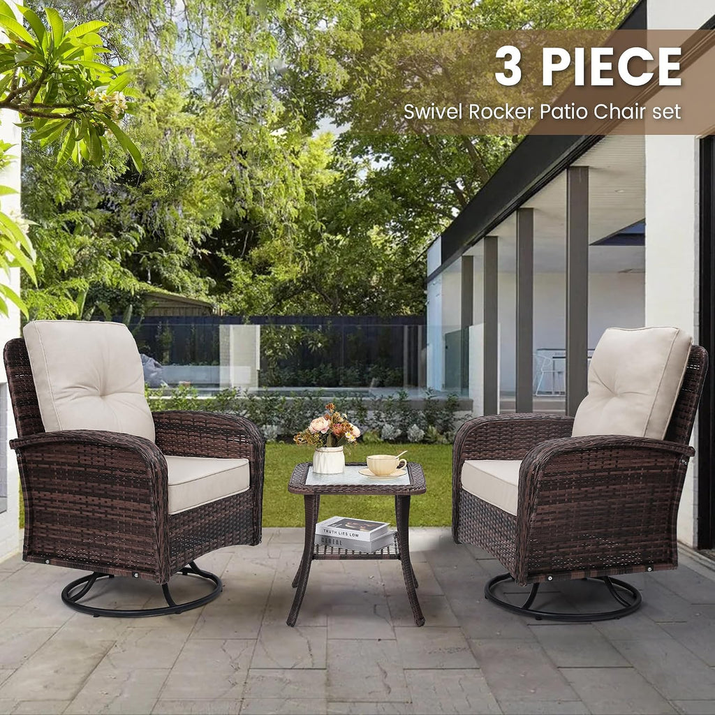 wildformers Luxury Outdoor Swivel Wicker Glider Patio Chairs with Table Set, Overstuffed Washable Cushions, Ideal for Porch, Balcony, Deck, Brown Rattan and Beige Cushion