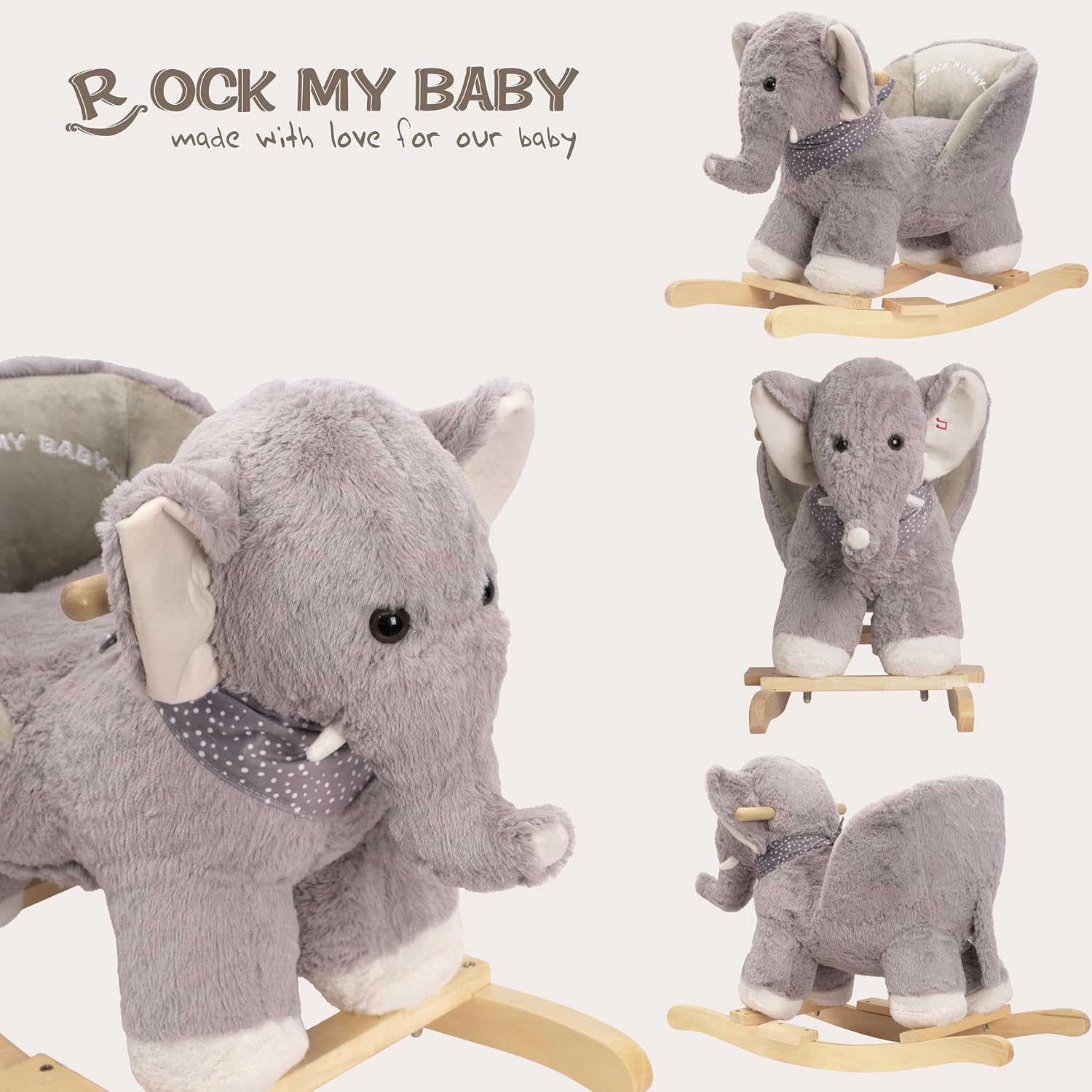 Baby Rocking Elephant, Plush Toddler Rocker with Music & Safety Seat, Sturdy Wooden Ride-On Toy for 1-3 Years, Soft Animal Rocking Horse, CPC Certified (Gray Elephant)