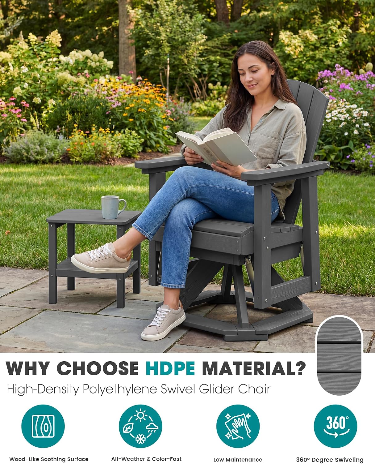 SERWALL Adirondack Swivel Glider Chair, HDPE Glider Set of 4 for Outdoor, All-Weather Glider Chair for Porch, Balcony, Slate Grey
