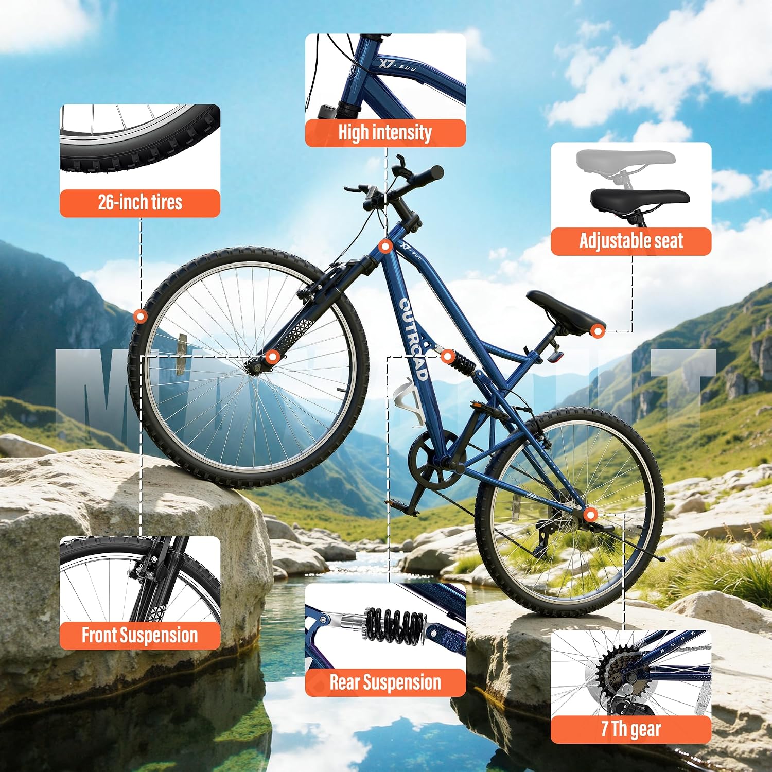 Betterland 26 Inch Mountain Bike with Adjustable Ergonomic Seat, 7/21 Speed Adult Bike with Dual V Brakes, Outdoor Cycling Bike with High Carbon Steel Frame and Front Suspension