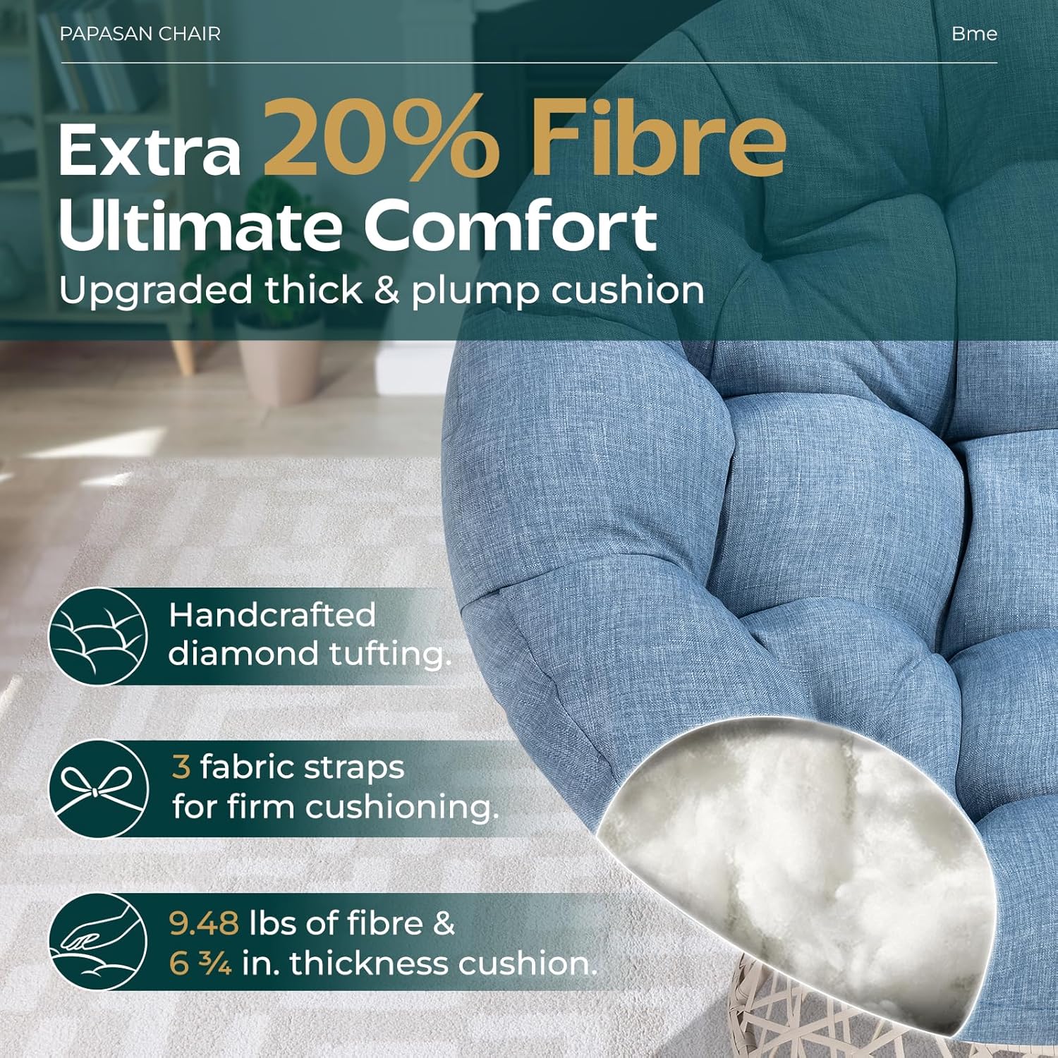 Bme 40' Ergonomic Wicker Papasan Chair with Soft Thick Density Fabric Cushion, High Capacity Steel Frame, 360 Degree Swivel for Living, Bedroom, Reading Room, Lounge, Serene Oasis - White Base
