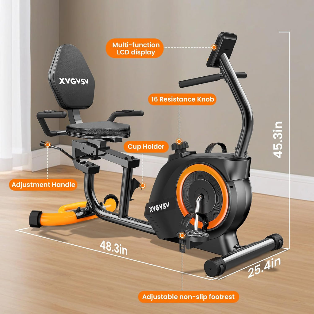 Recumbent Exercise Bike for Home Use, Quiet Recumbent Stationary Bikes for Adults & Seniors, 16-Level Resistance, Adjustable Seat, Supports 400LB, Pulse Sensors & LCD Display