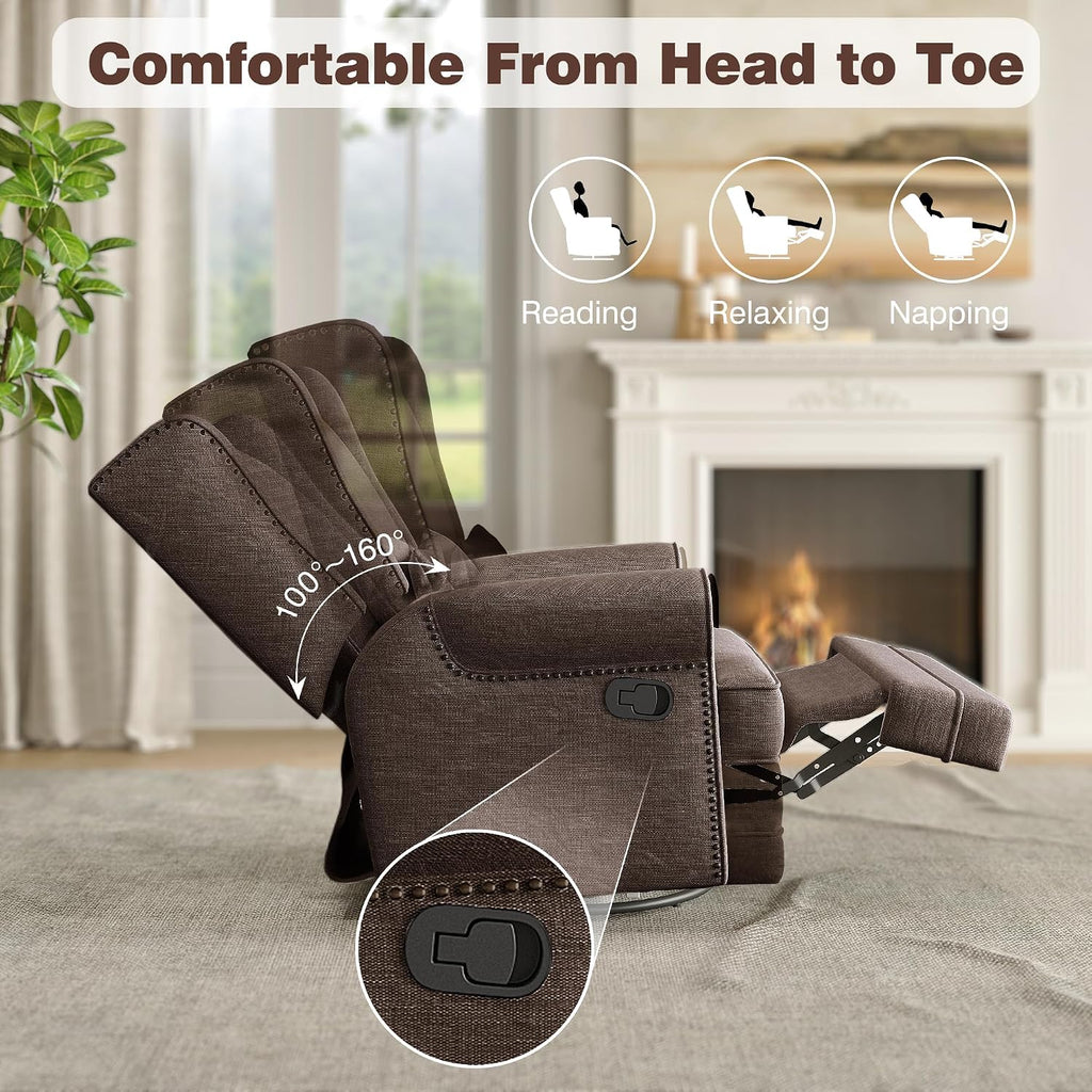 May in Color Nursery Glider Recliner, Comfy Upholstered Glider Chair with Lumbar Pillow and Footrest, Swivel Rocking Chair for Bedroom, Living Room, Brown