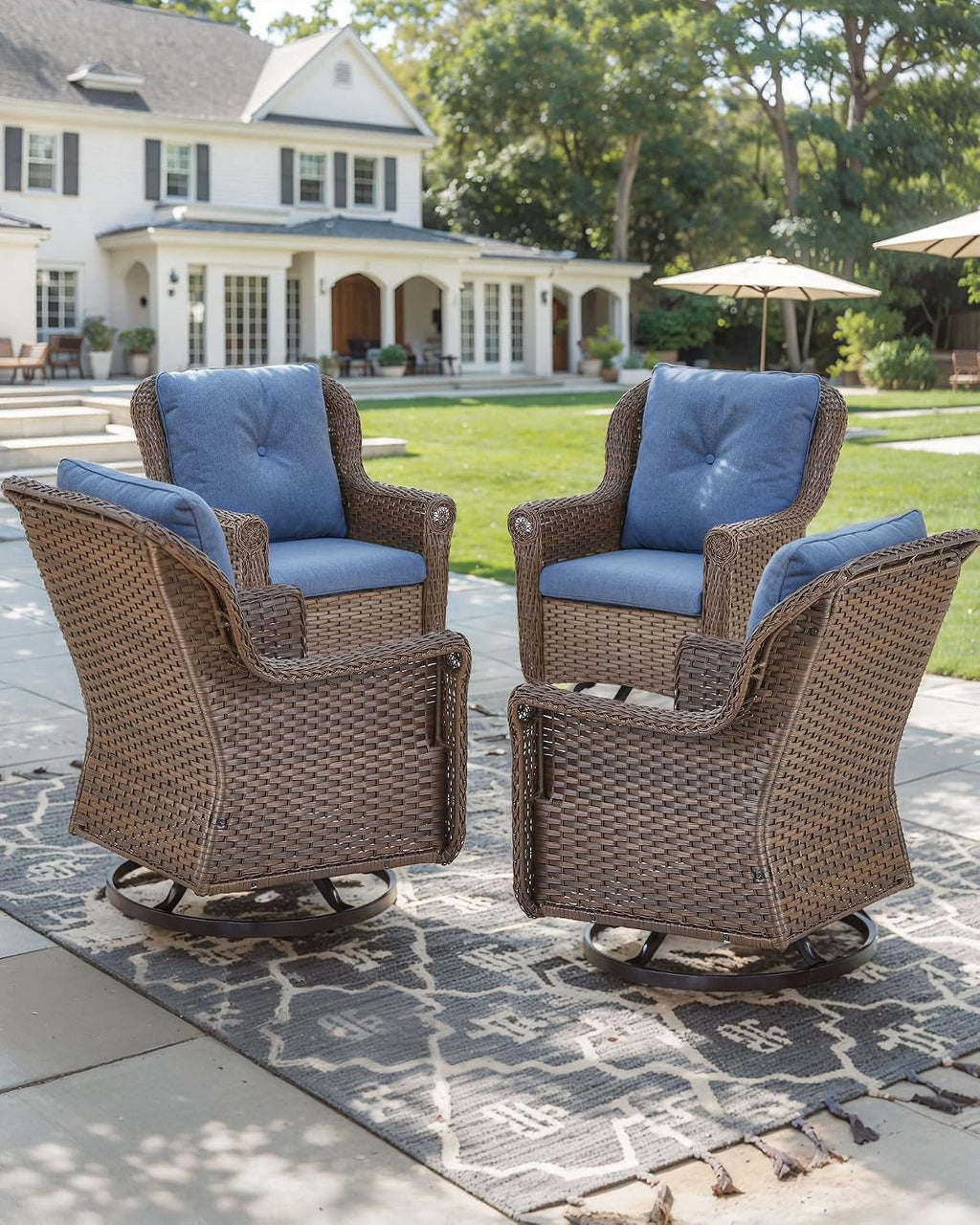 Patio Chairs Outdoor Swivel Glider - Set of 4 High Back Outside Brown Wicker Rattan Rocking Chair with Thick Cushion for Porch Apartment Deck Yard Poolside Garden - Navy Blue