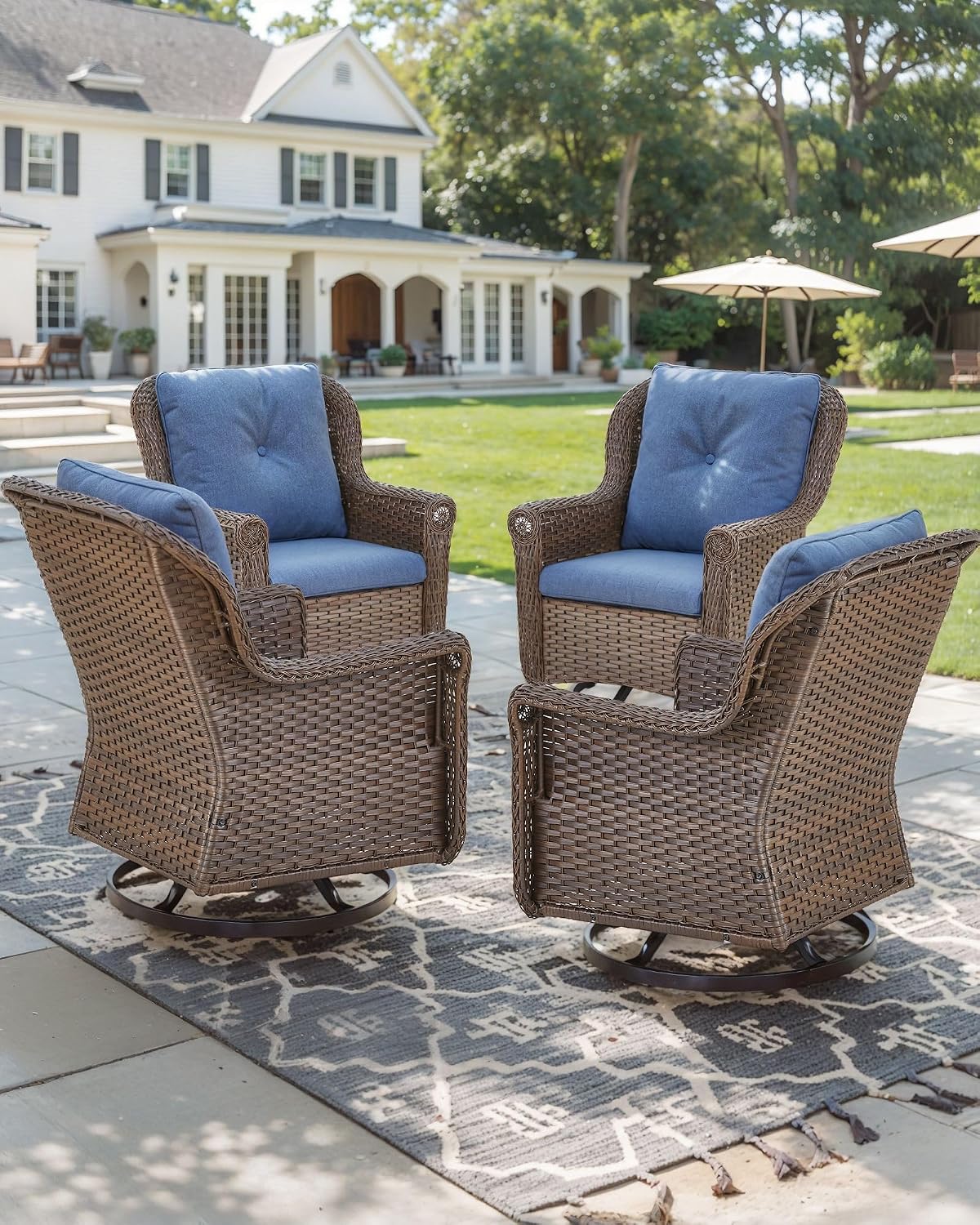 Patio Chairs Outdoor Swivel Glider - Set of 4 High Back Outside Brown Wicker Rattan Rocking Chair with Thick Cushion for Porch Apartment Deck Yard Poolside Garden - Navy Blue