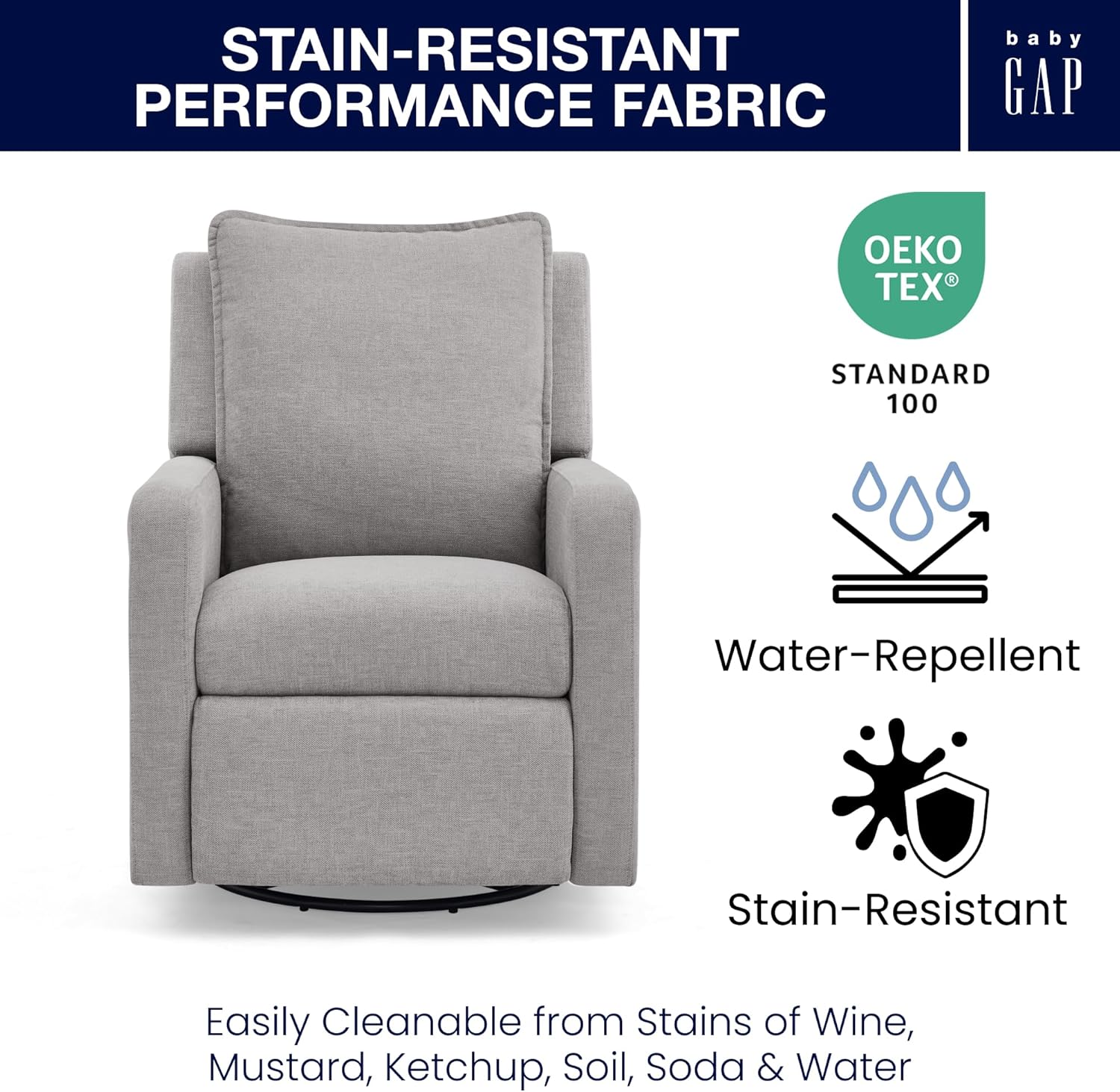 babyGap Harlowe Power Recliner with USB-A & Charging Port by Delta Children - Greenguard Gold Certified – Stain-Resistant Performance Fabric is Oeko-TEX Standard 100 Certified, Ash