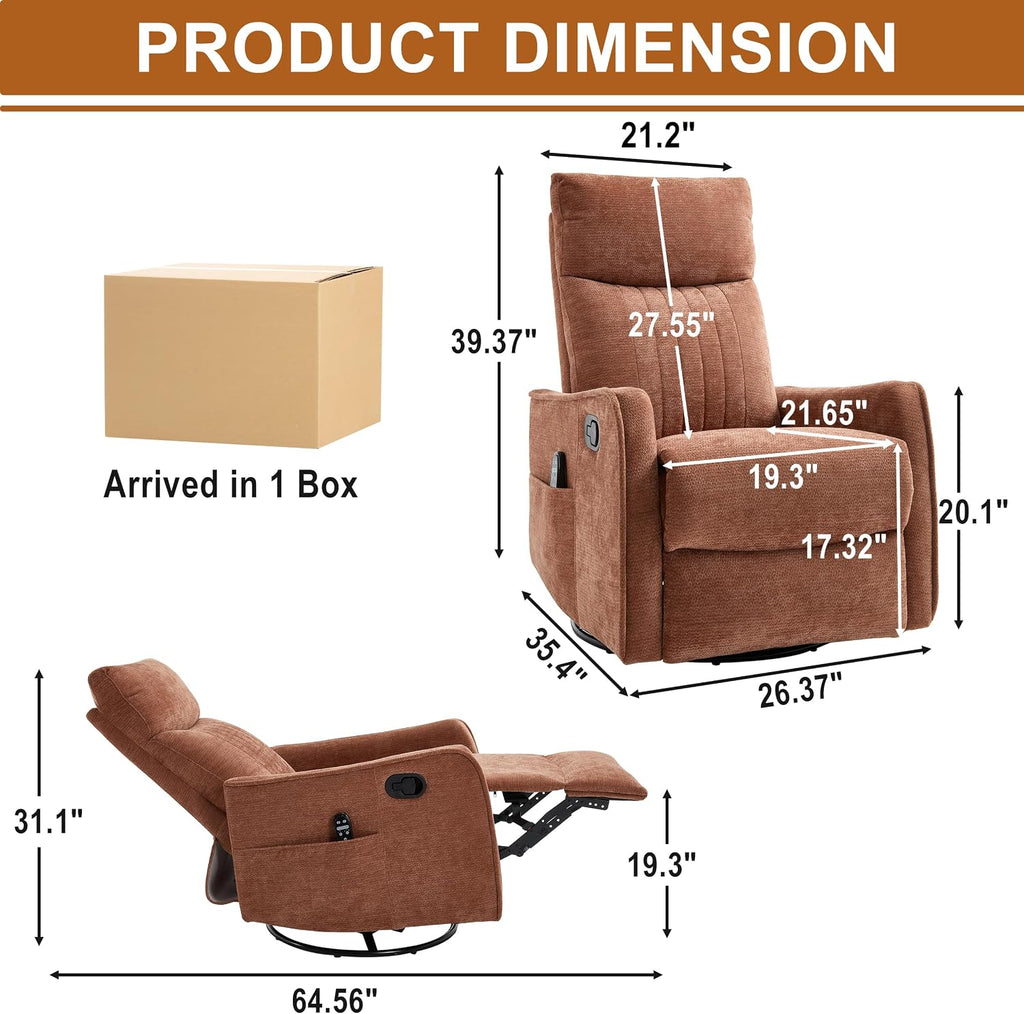 Manual Swivel Rocker Recliner Chair for Adults, Overstuffed Nursery Glider Recliner with Vibration Massage and Lumbar Heat, Living Room Reclining Chair, Fabric Orange
