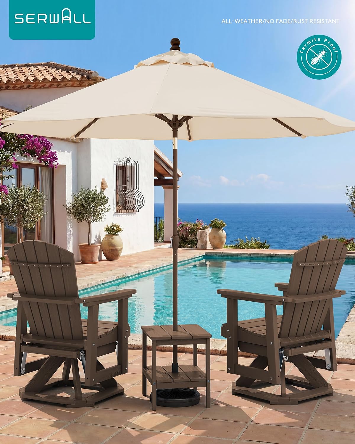 SERWALL Adirondack Swivel Glider, HDPE Glider for Outdoor, All-Weather Glider Rocking Chair for Porch, Balcony, Coffee Brown